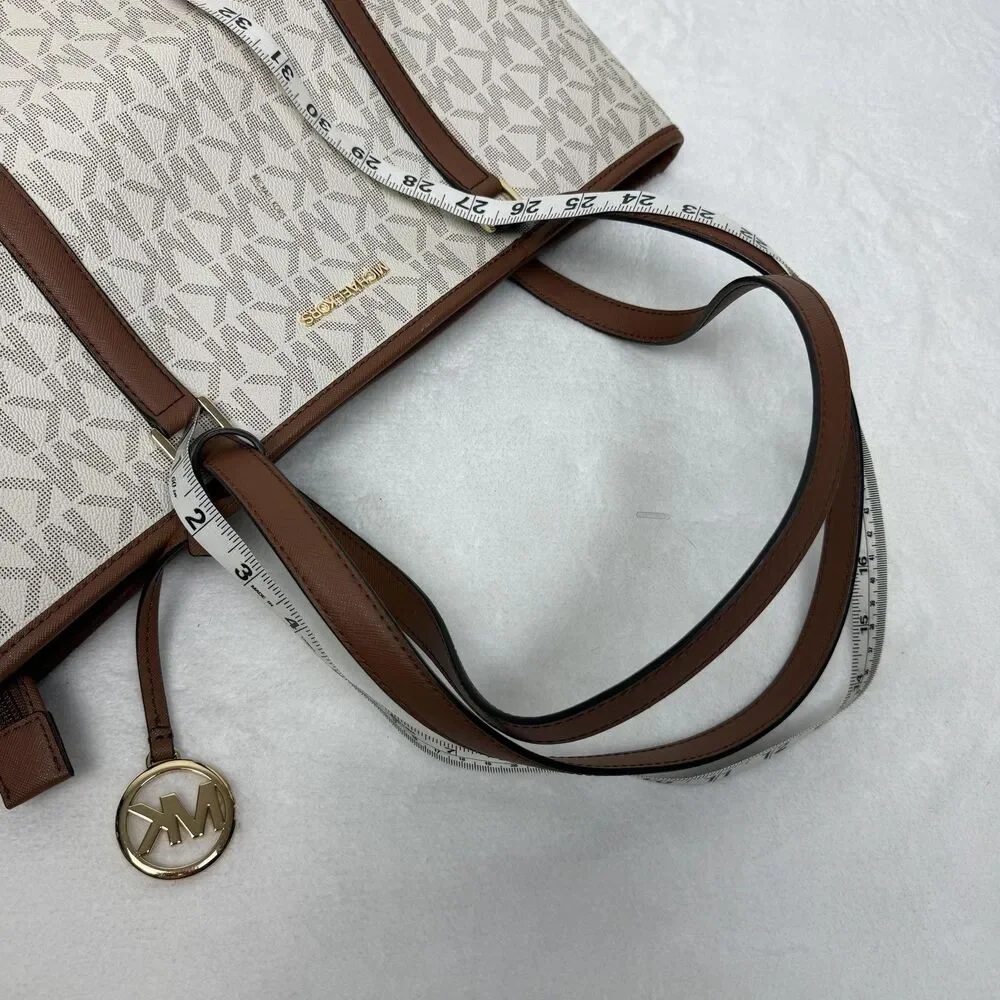 Michael Kors Tote Bag Womens Large Beige Logo Canvas Leather Trim Zip Gold Charm